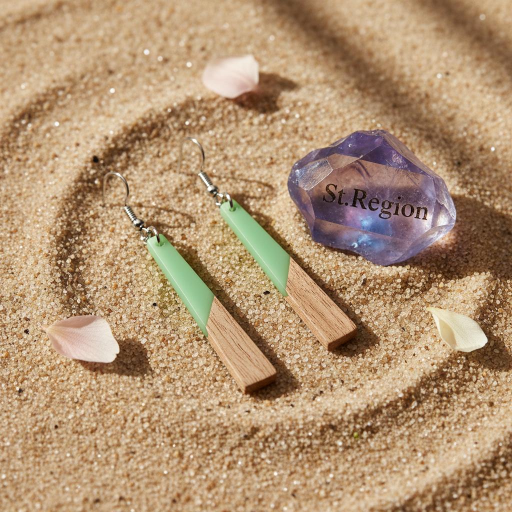 Green Resin and Wood Silvertone Elongated Trapezoid Hook Earrings, silver drop earrings for women, detail close-up