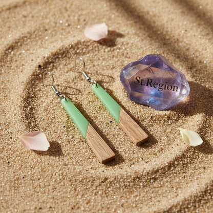 Green Resin and Wood Silvertone Elongated Trapezoid Hook Earrings, silver drop earrings for women, detail close-up