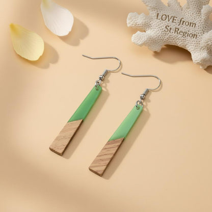 Green Resin and Wood Silvertone Elongated Trapezoid Hook Earrings, silver drop earrings for women, lifestyle look