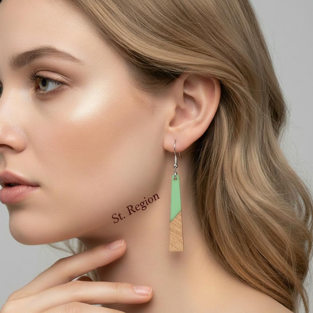 Green Resin and Wood Silvertone Elongated Trapezoid Hook Earrings, silver drop earrings for women, styled look