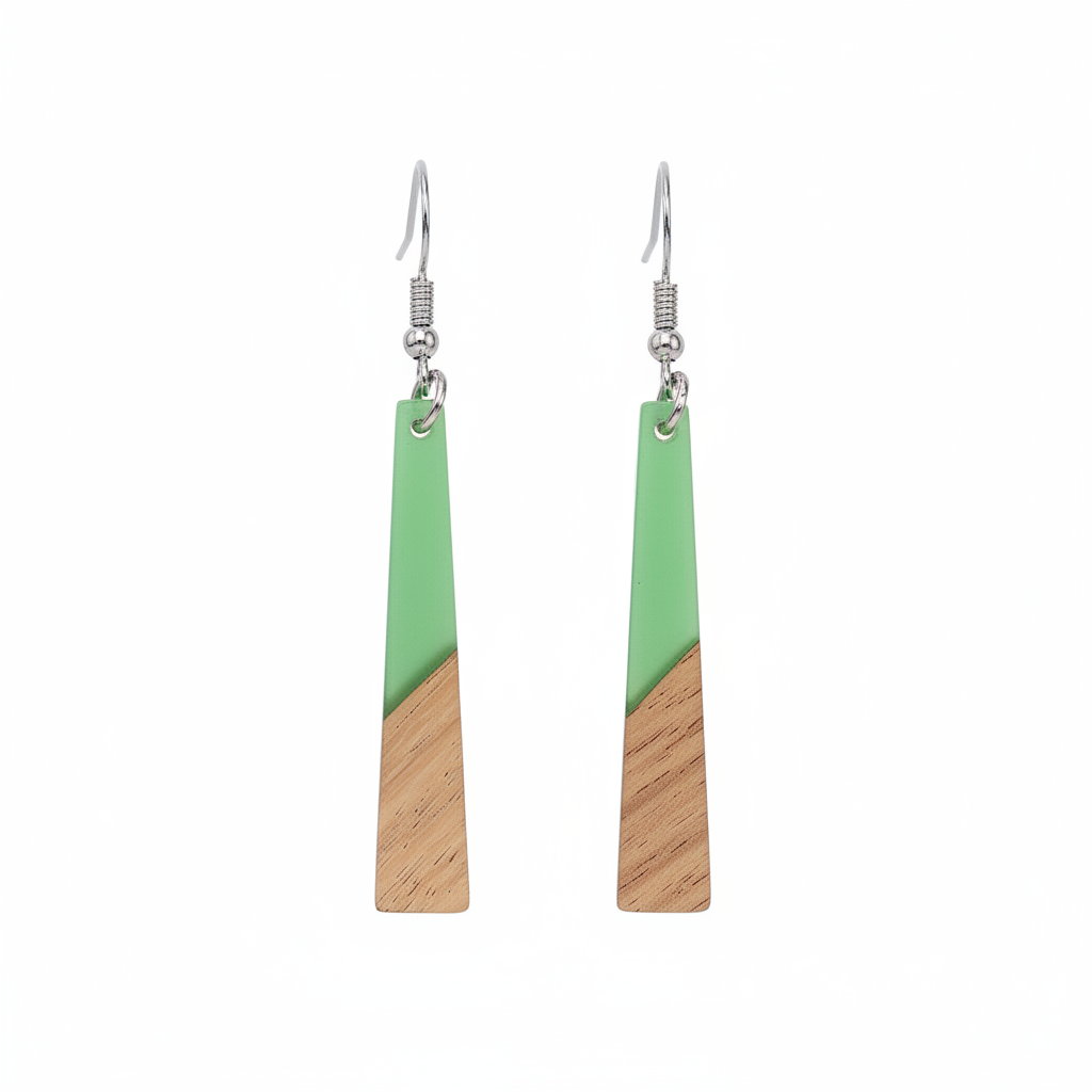 Green Resin & Wood Silvertone Elongated Trapezoid Hook Earrings - Street Region