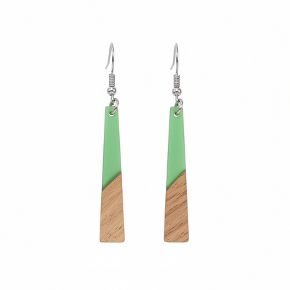 Green Resin & Wood Silvertone Elongated Trapezoid Hook Earrings - Street Region