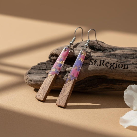 Purple Resin and Wood Silvertone Elongated Trapezoid Hook Earrings, gold drop earrings for women, front view