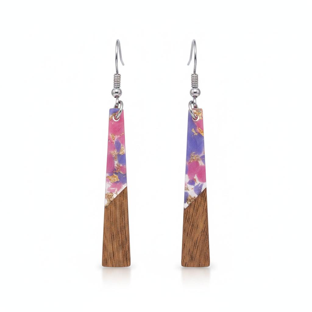 Purple Resin and Wood Silvertone Elongated Trapezoid Hook Earrings, silver drop earrings for women, side view