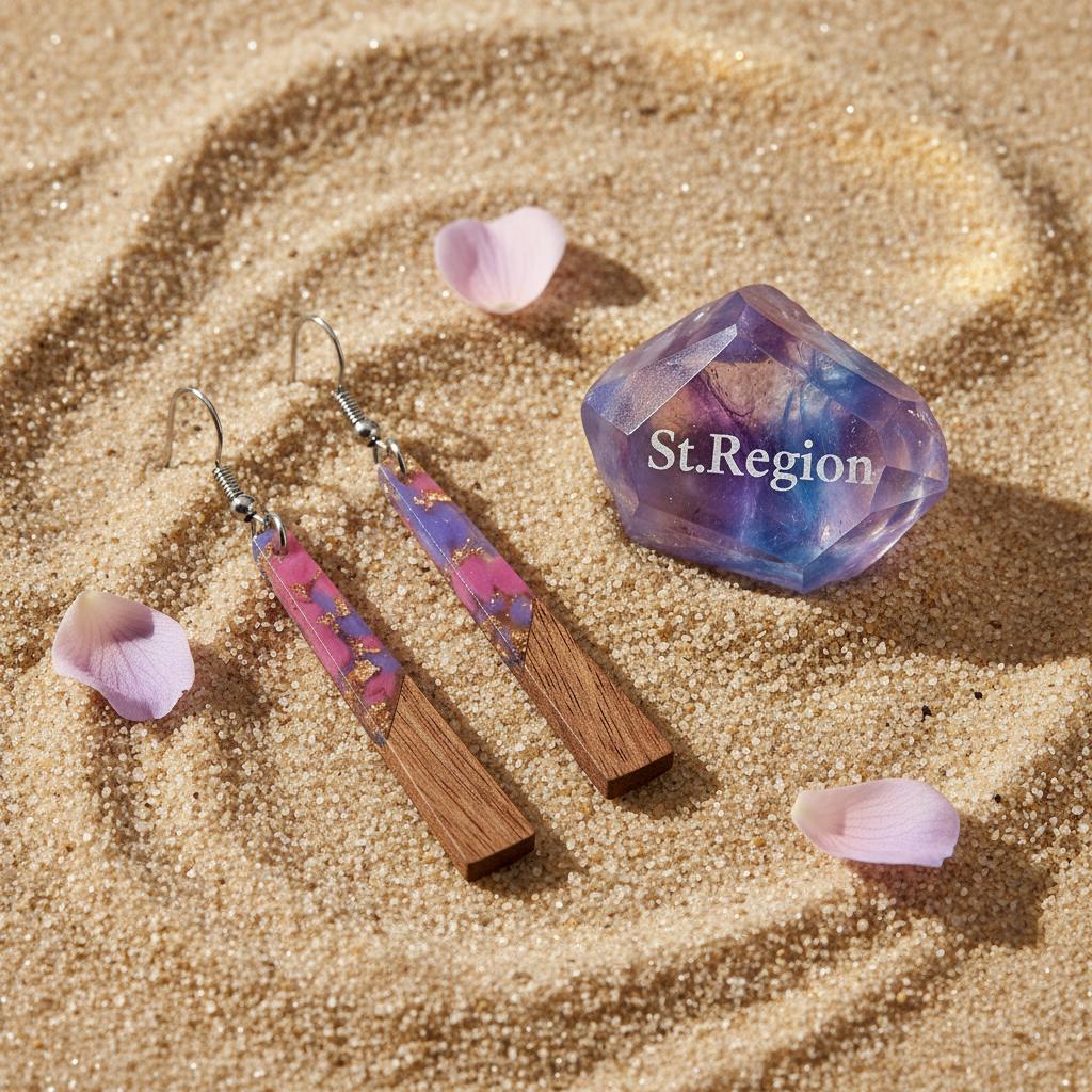 Purple Resin and Wood Silvertone Elongated Trapezoid Hook Earrings, silver drop earrings for women, detail close-up
