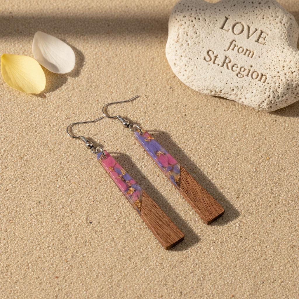 Purple Resin and Wood Silvertone Elongated Trapezoid Hook Earrings, silver drop earrings for women, lifestyle look
