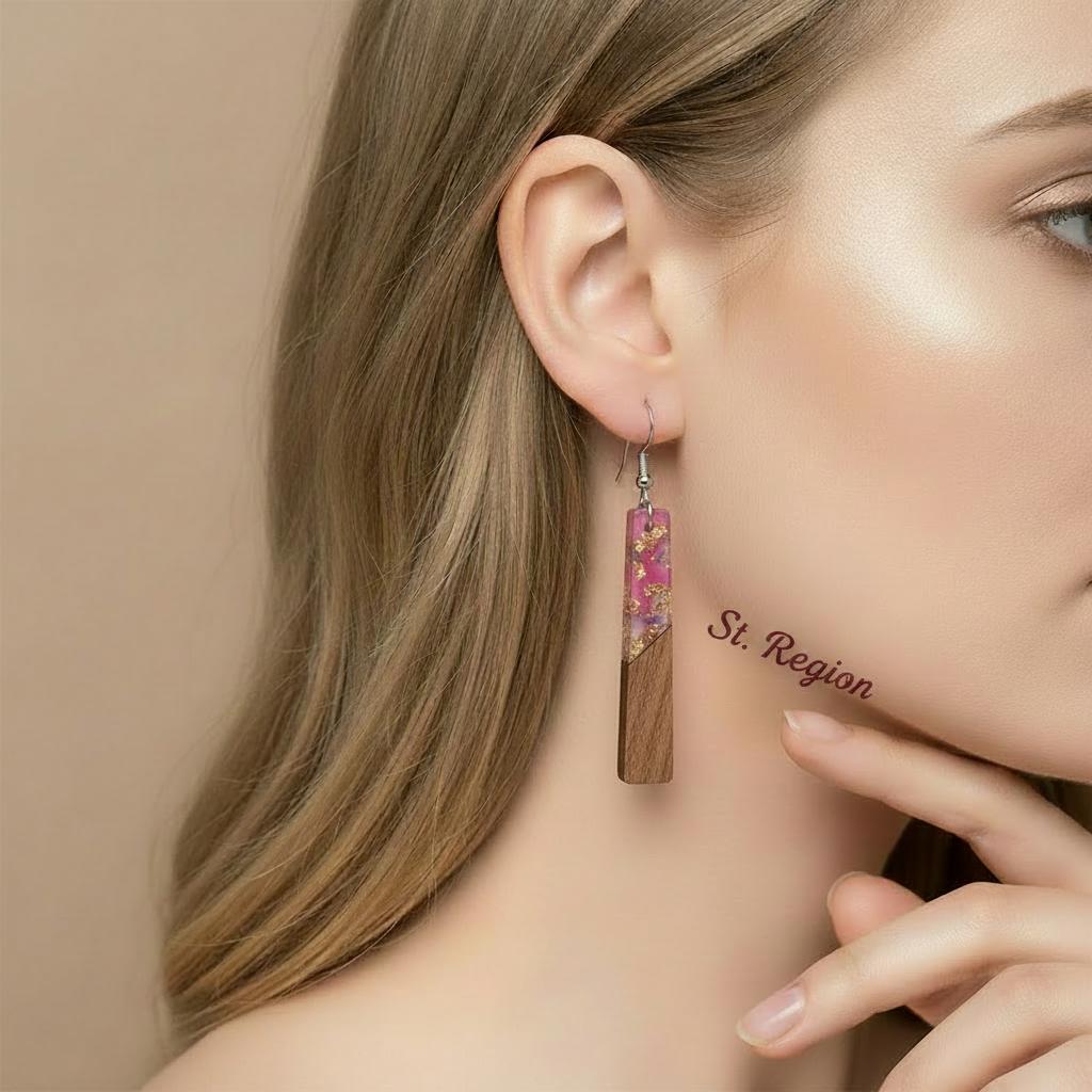 Purple Resin and Wood Silvertone Elongated Trapezoid Hook Earrings, silver drop earrings for women, styled look