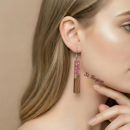 Purple Resin and Wood Silvertone Elongated Trapezoid Hook Earrings, silver drop earrings for women, styled look
