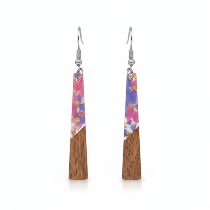 Purple Resin & Wood Silvertone Elongated Trapezoid Hook Earrings - Street Region