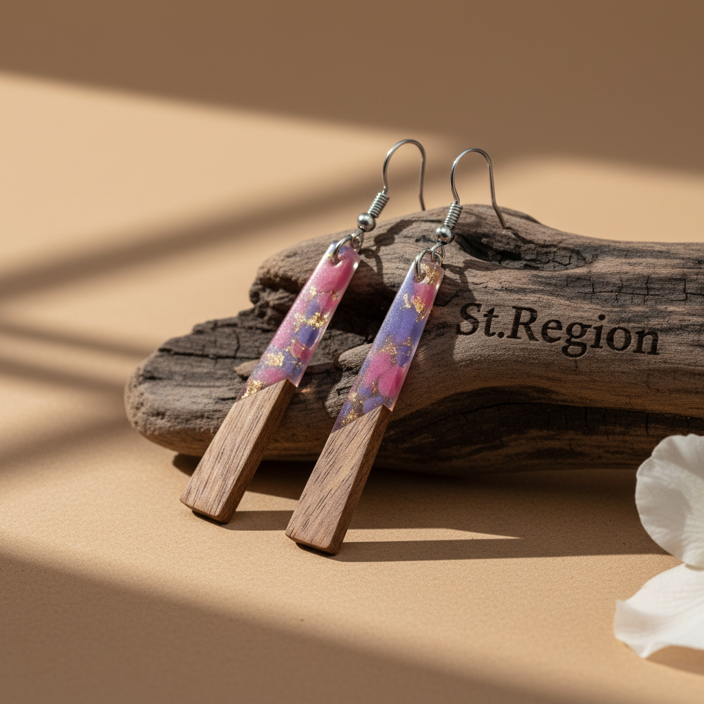 Purple Resin & Wood Silvertone Elongated Trapezoid Hook Earrings - Street Region