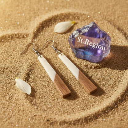 White Resin and Wood Silvertone Elongated Trapezoid Hook Earrings, silver drop earrings for women, detail close-up