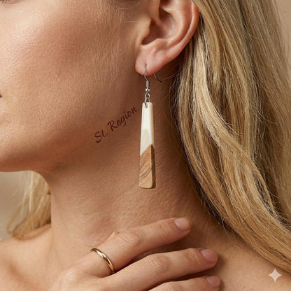 White Resin and Wood Silvertone Elongated Trapezoid Hook Earrings, silver drop earrings for women, styled look