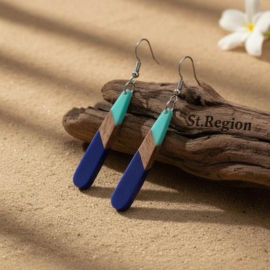 Mint Green and Navy Blue Resin Wood Silvertone Teardrop Hook Earrings, gold drop earrings for women, front view