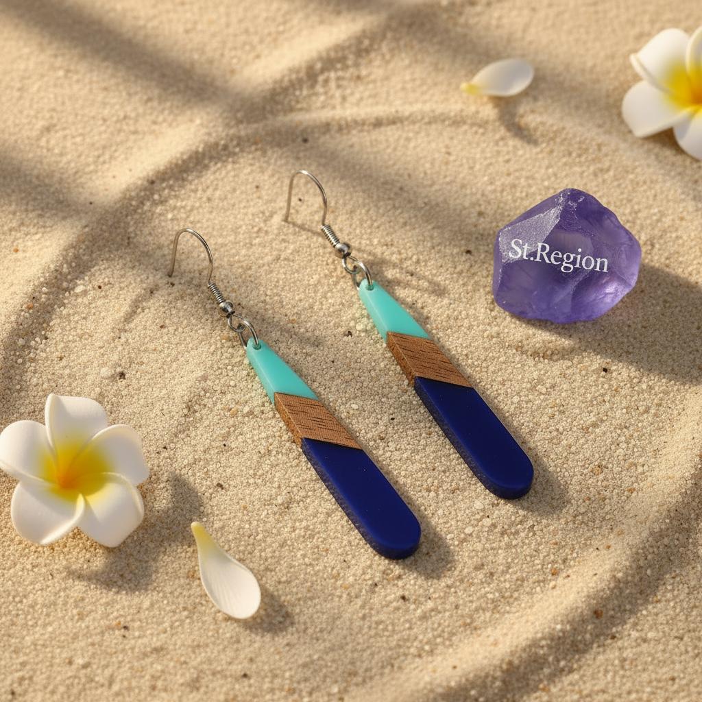Mint Green and Navy Blue Resin Wood Silvertone Teardrop Hook Earrings, silver drop earrings for women, detail close-up
