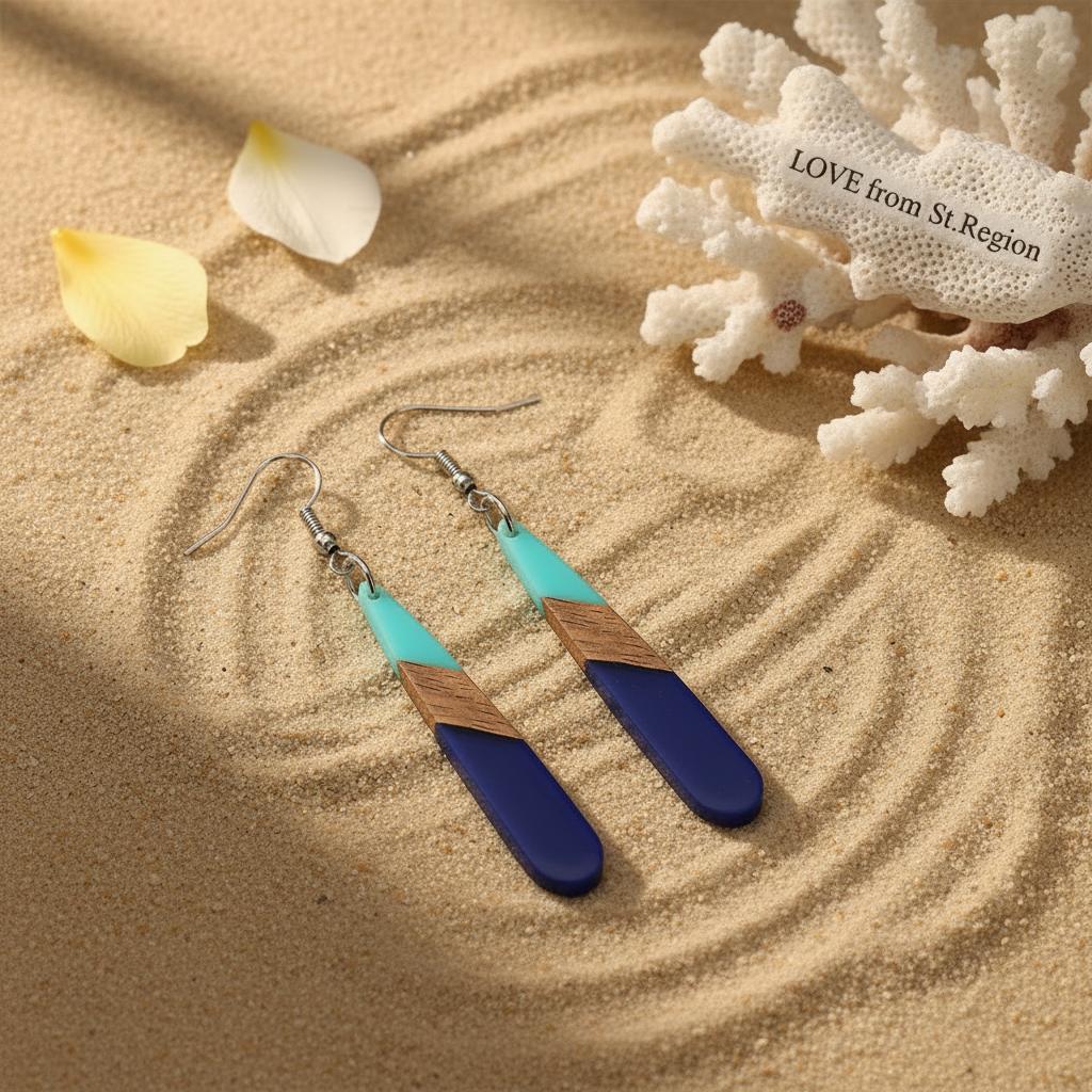 Mint Green and Navy Blue Resin Wood Silvertone Teardrop Hook Earrings, silver drop earrings for women, lifestyle look