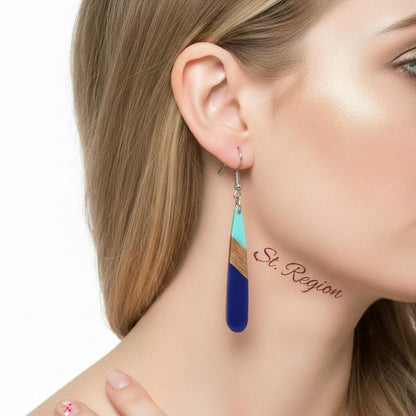 Mint Green and Navy Blue Resin Wood Silvertone Teardrop Hook Earrings, silver drop earrings for women, styled look