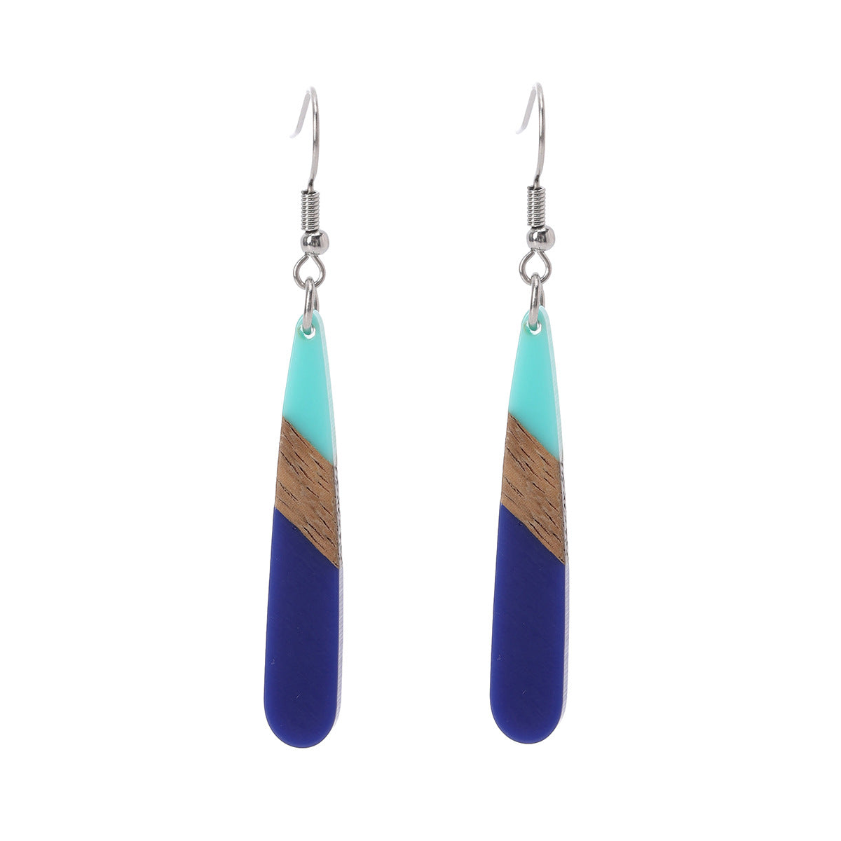 Mint Green & Navy Blue Resin Wood Silvertone Teardrop Hook Earrings - Street Region