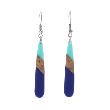 Mint Green & Navy Blue Resin Wood Silvertone Teardrop Hook Earrings - Street Region