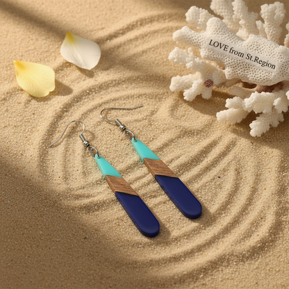 Mint Green & Navy Blue Resin Wood Silvertone Teardrop Hook Earrings - Street Region