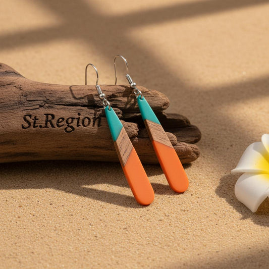 Mint Green and Orange Resin Wood Silvertone Teardrop Hook Earrings, gold drop earrings for women, front view