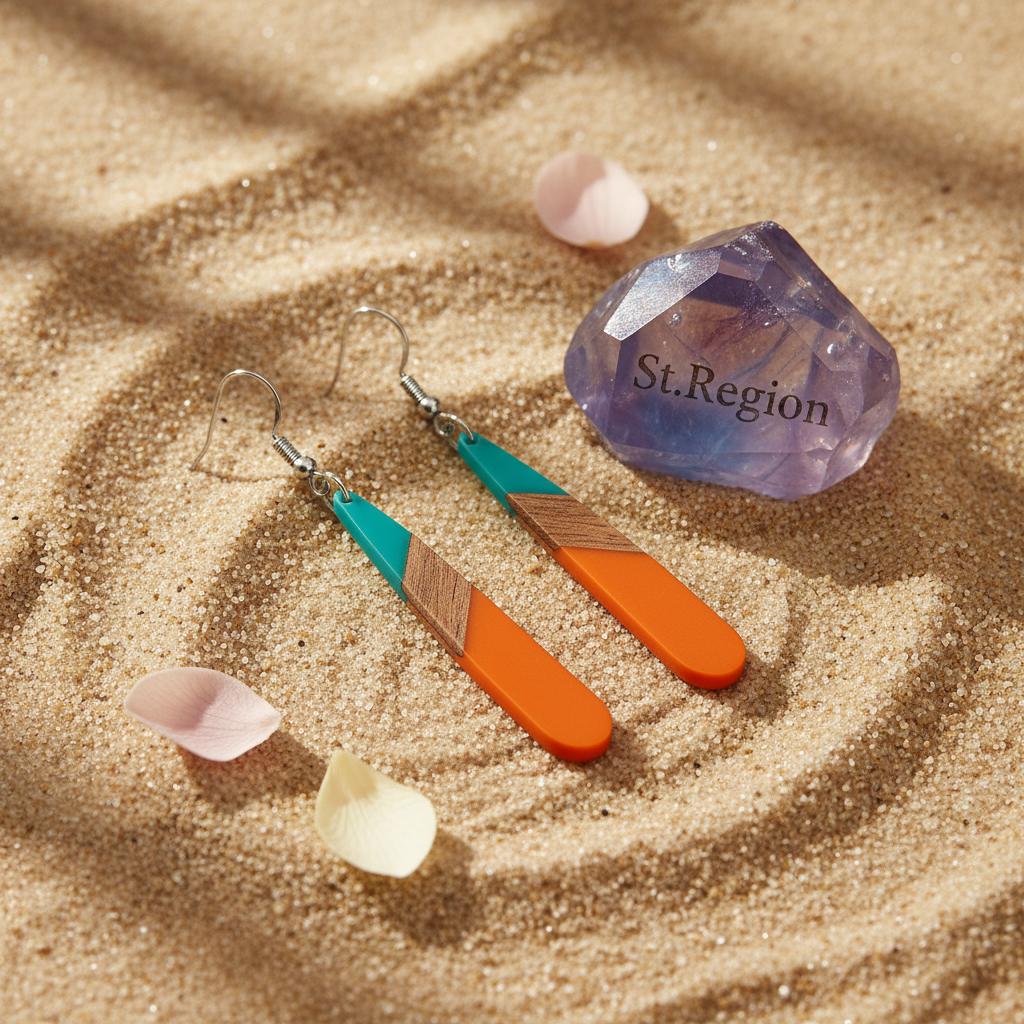 Mint Green and Orange Resin Wood Silvertone Teardrop Hook Earrings, silver drop earrings for women, detail close-up