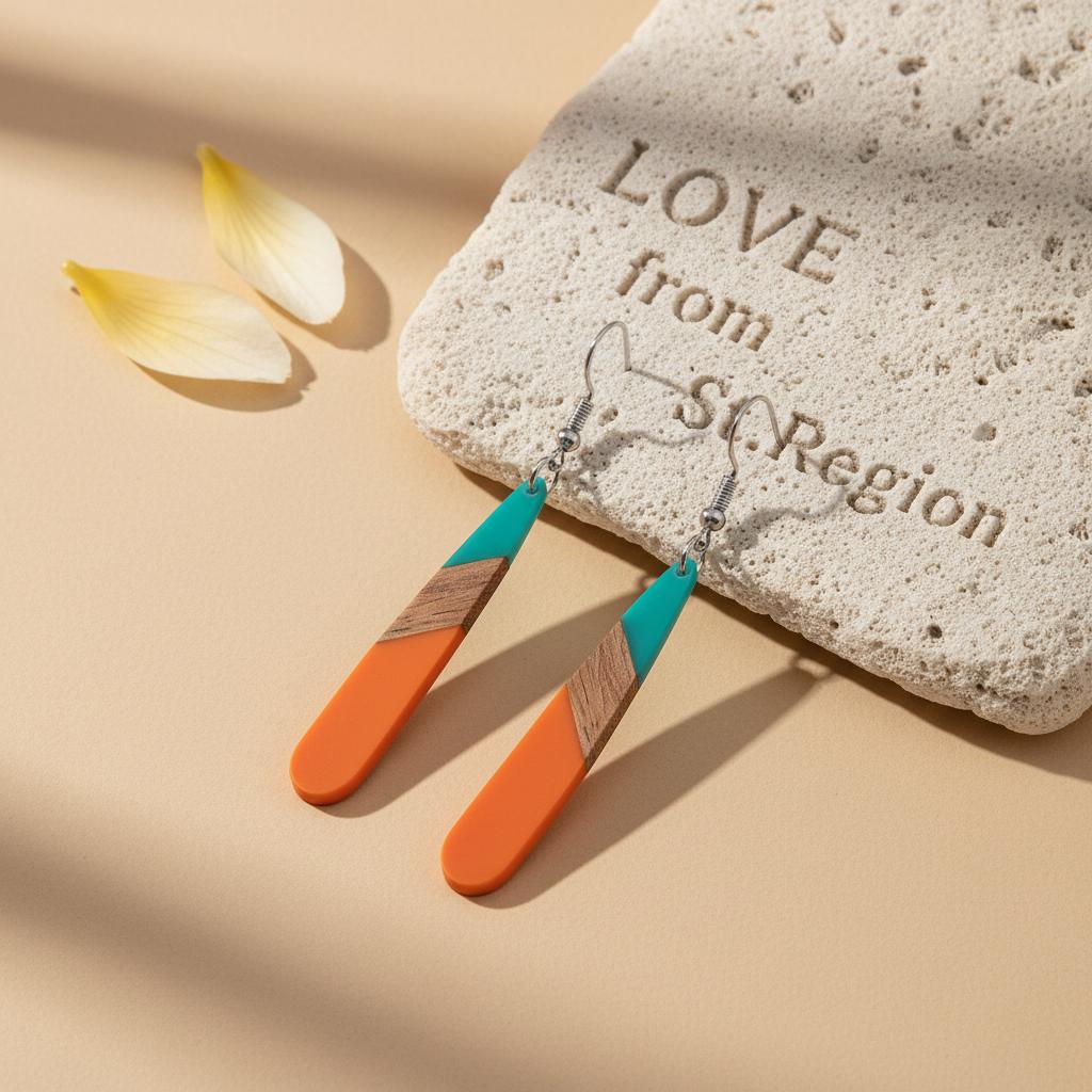 Mint Green and Orange Resin Wood Silvertone Teardrop Hook Earrings, silver drop earrings for women, lifestyle look