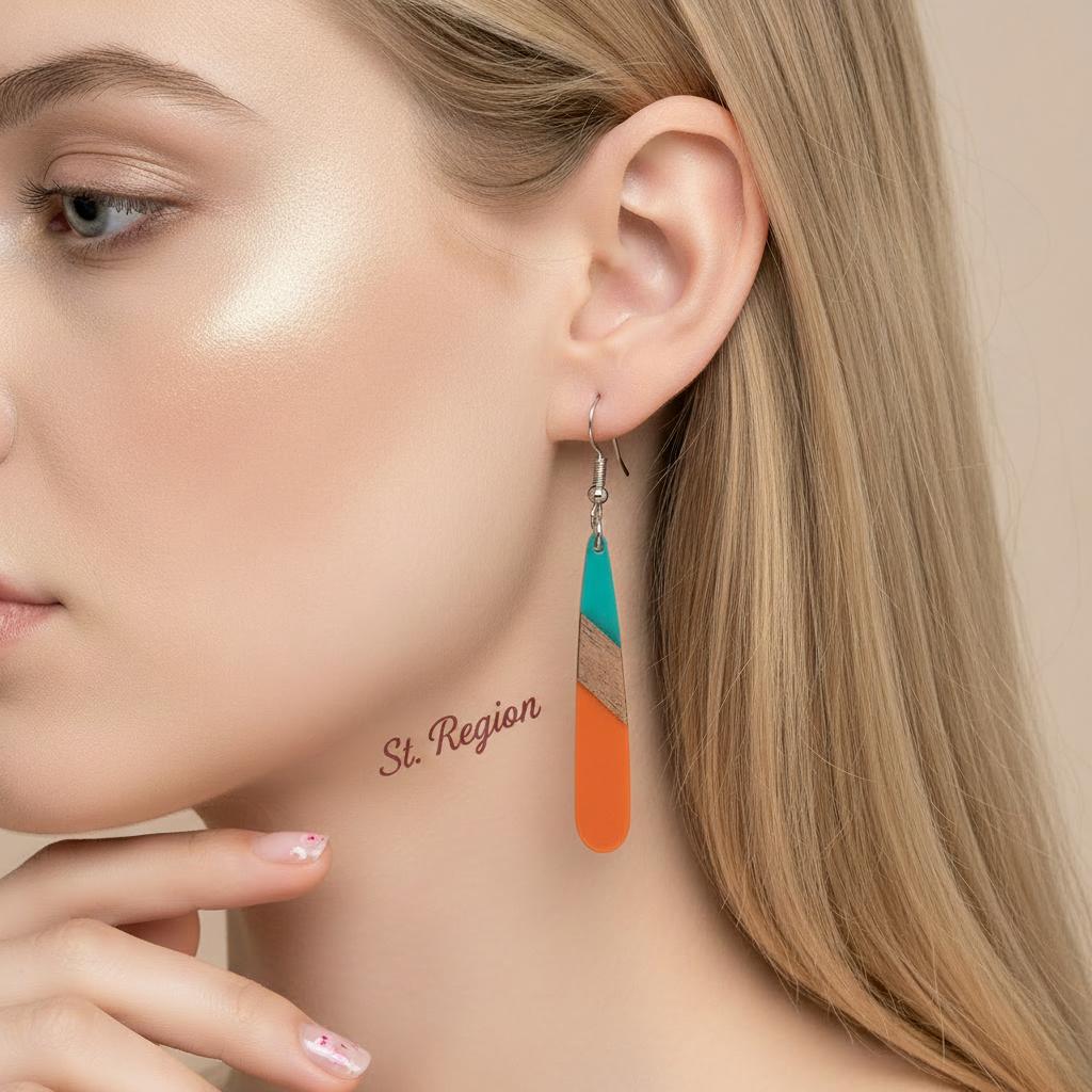 Mint Green and Orange Resin Wood Silvertone Teardrop Hook Earrings, silver drop earrings for women, styled look