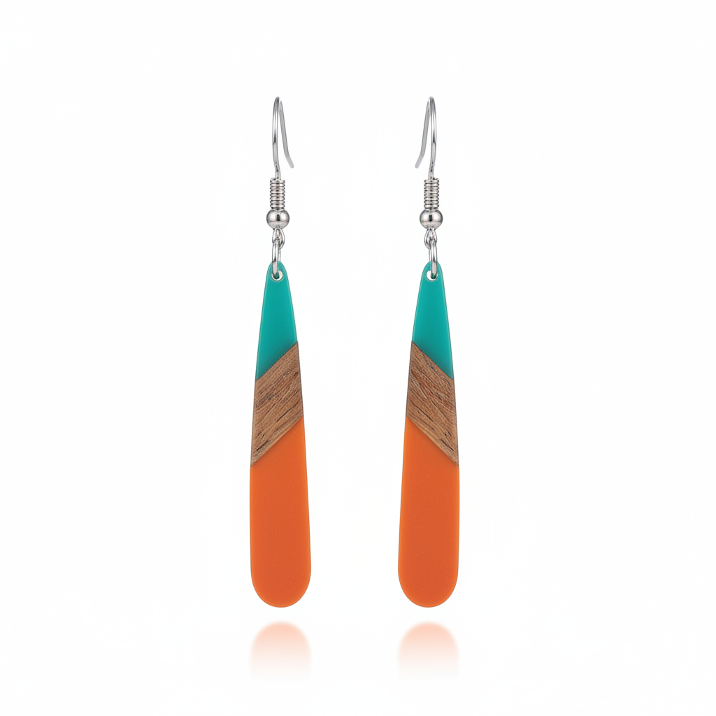 Mint Green & Orange Resin Wood Silvertone Teardrop Hook Earrings - Street Region