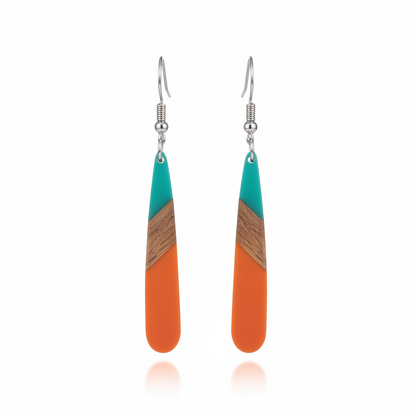 Mint Green & Orange Resin Wood Silvertone Teardrop Hook Earrings - Street Region