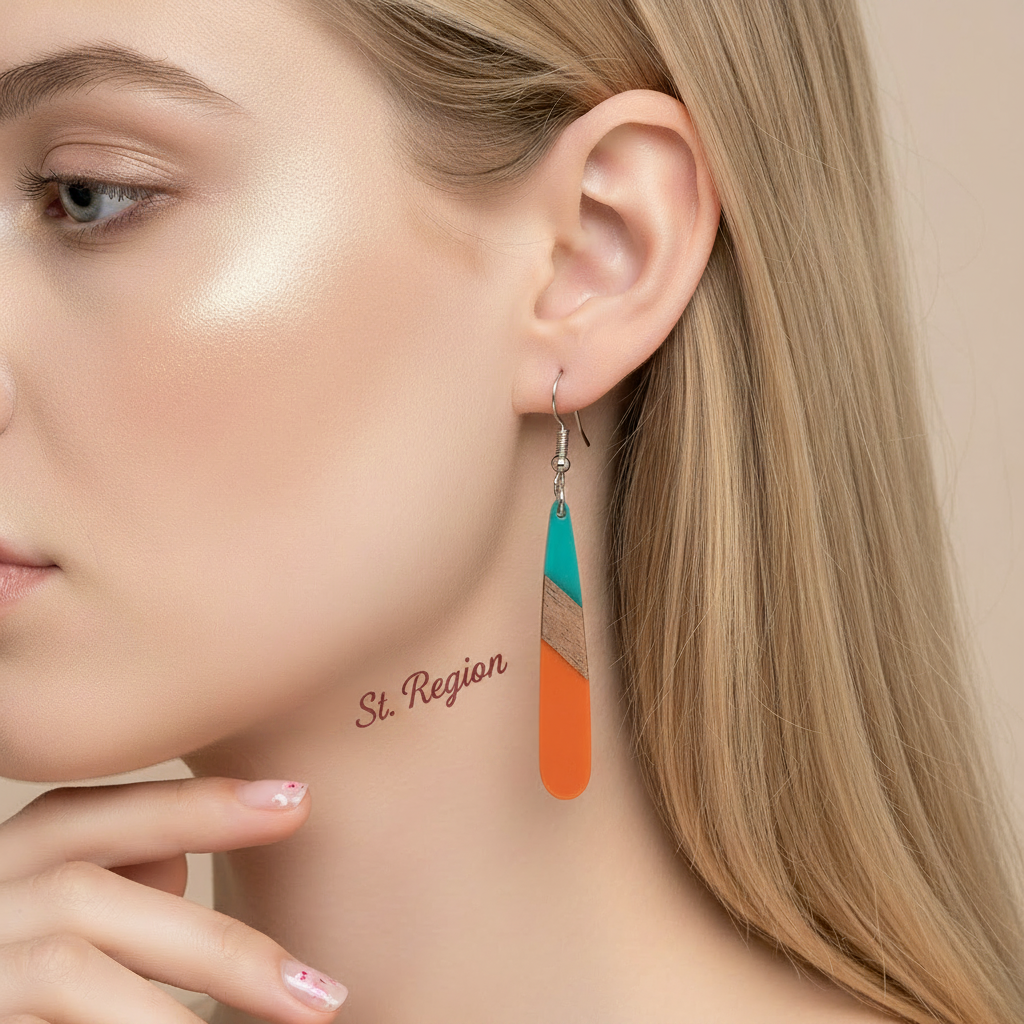 Mint Green & Orange Resin Wood Silvertone Teardrop Hook Earrings - Street Region