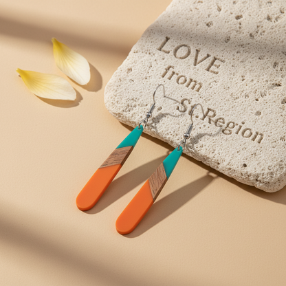 Mint Green & Orange Resin Wood Silvertone Teardrop Hook Earrings - Street Region