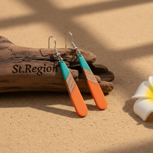 Mint Green & Orange Resin Wood Silvertone Teardrop Hook Earrings - Street Region