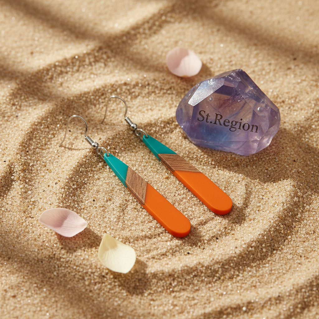 Mint Green & Orange Resin Wood Silvertone Teardrop Hook Earrings - Street Region