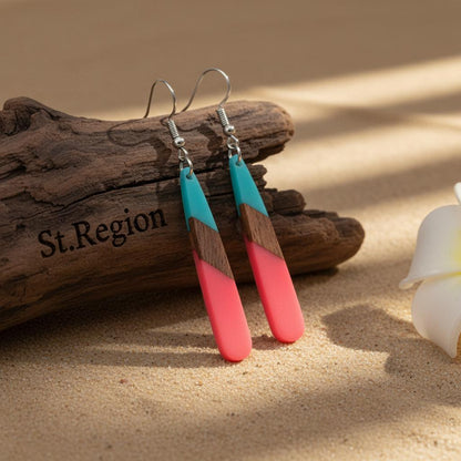 Cyan and Rose Resin Wood Silvertone Teardrop Hook Earrings, silver drop earrings for women, front view