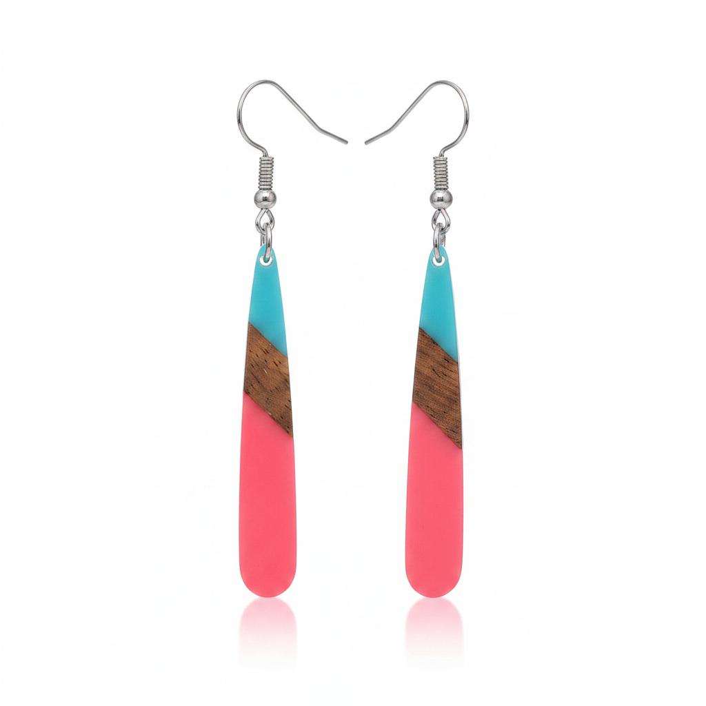Cyan and Rose Resin Wood Silvertone Teardrop Hook Earrings, silver drop earrings for women, side view