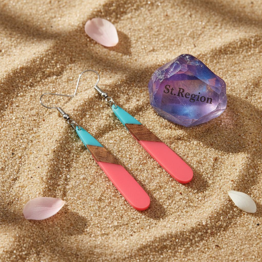 Cyan and Rose Resin Wood Silvertone Teardrop Hook Earrings, silver drop earrings for women, detail close-up