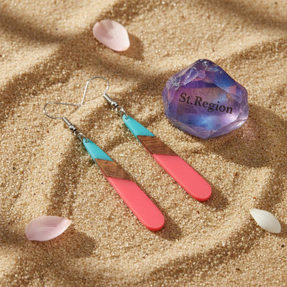 Cyan and Rose Resin Wood Silvertone Teardrop Hook Earrings, silver drop earrings for women, detail close-up
