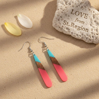 Cyan and Rose Resin Wood Silvertone Teardrop Hook Earrings, silver drop earrings for women, lifestyle look