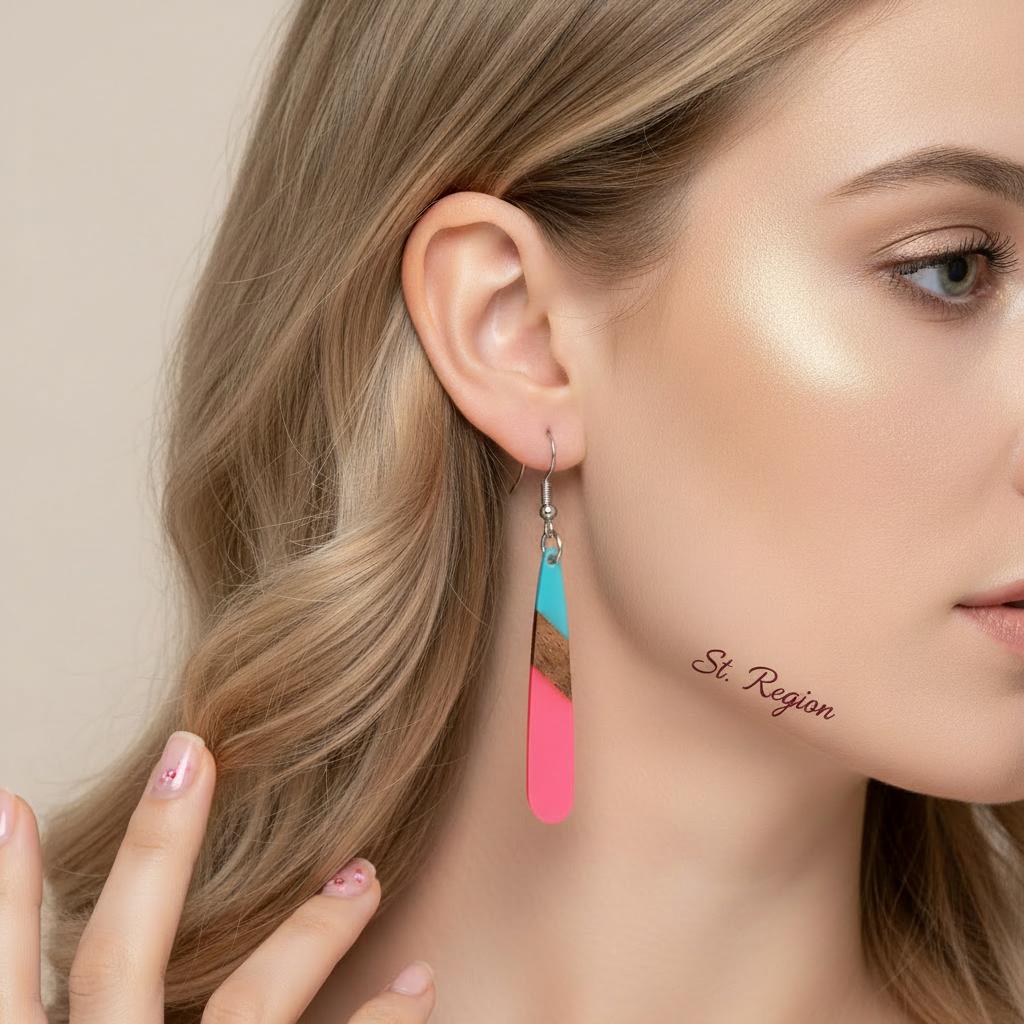 Cyan and Rose Resin Wood Silvertone Teardrop Hook Earrings, silver drop earrings for women, styled look