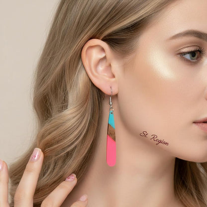 Cyan and Rose Resin Wood Silvertone Teardrop Hook Earrings, silver drop earrings for women, styled look