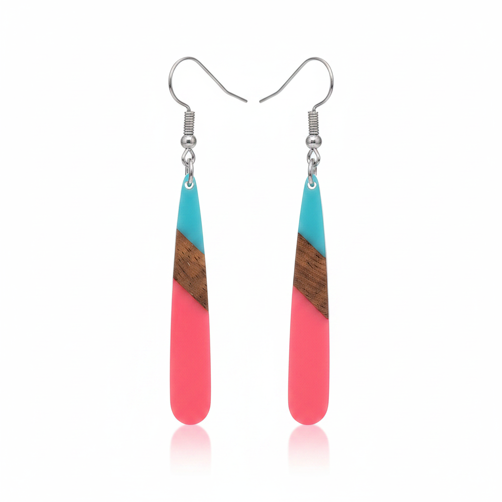 Cyan & Rose Resin Wood Silvertone Teardrop Hook Earrings - Street Region