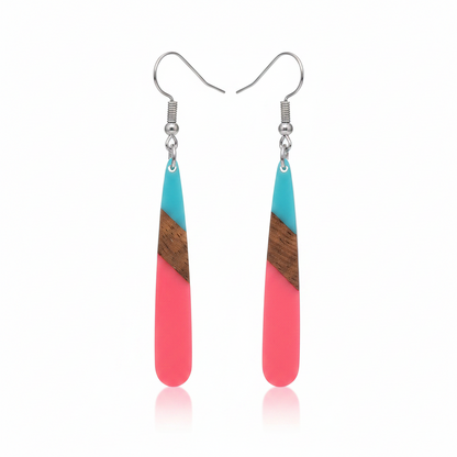 Cyan & Rose Resin Wood Silvertone Teardrop Hook Earrings - Street Region