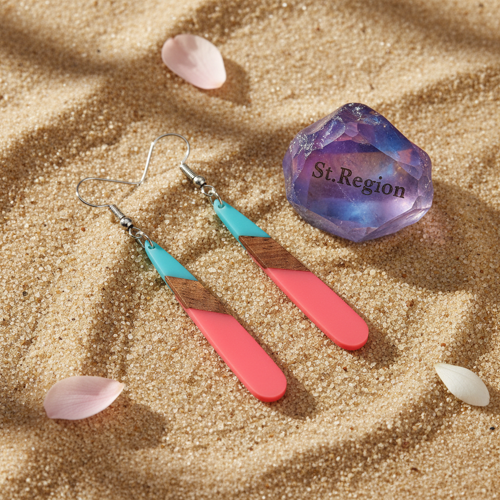Cyan & Rose Resin Wood Silvertone Teardrop Hook Earrings - Street Region