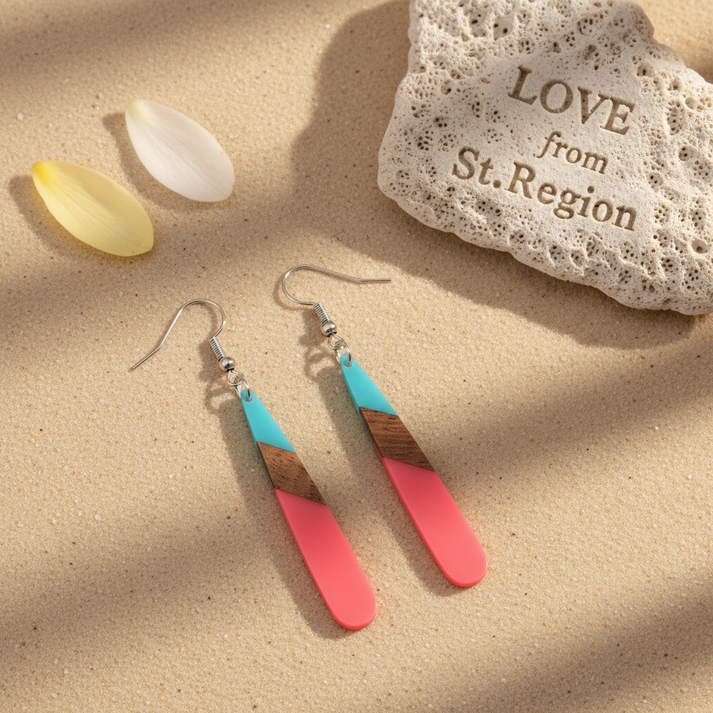 Cyan & Rose Resin Wood Silvertone Teardrop Hook Earrings - Street Region