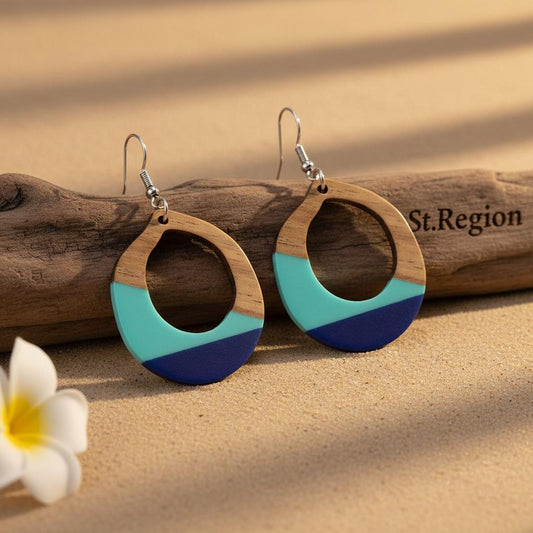 Aqua Resin and Wood Silvertone Open Teardrop Hook Earrings, gold drop earrings for women, vintage-inspired design, front view
