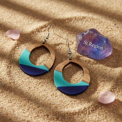 Aqua Resin and Wood Silvertone Open Teardrop Hook Earrings, silver drop earrings for women, detail close-up