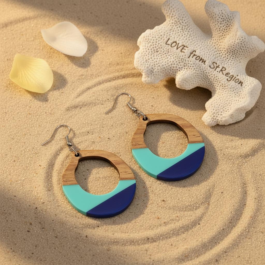 Aqua Resin and Wood Silvertone Open Teardrop Hook Earrings, silver drop earrings for women, lifestyle look