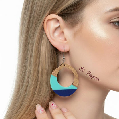 Aqua Resin and Wood Silvertone Open Teardrop Hook Earrings, silver drop earrings for women, styled look