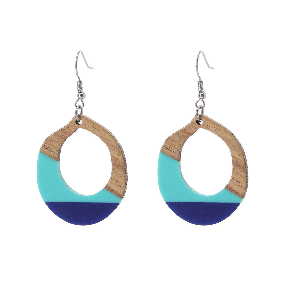 Aqua Resin & Wood Silvertone Open Teardrop Hook Earrings - Street Region
