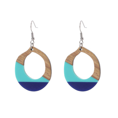 Aqua Resin & Wood Silvertone Open Teardrop Hook Earrings - Street Region